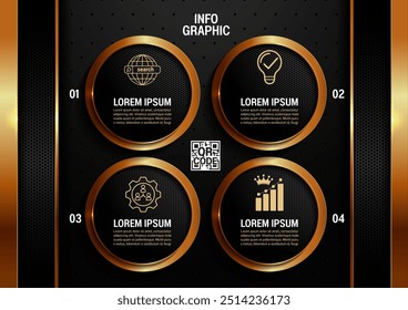 Plantillas de infografía de lujo de negocios, color oro negro, visualización de datos de diagrama de flujo para Plantilla de fondo abstracto 4 opciones de pasos.