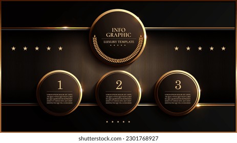 business luxury infographic templates, gold black color, flow chart data visualization for abstract background template 3 steps options.