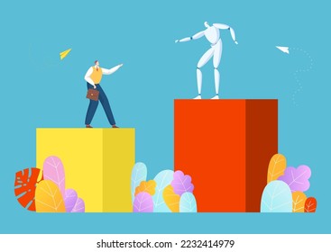 Business machine artificial intelligence, concept future technology ai robot android flat vector illustration, isolated on blue.