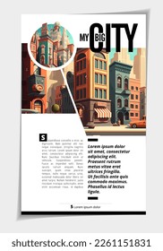 Business magazine, brochure layout with urban landscape. Vector illustration