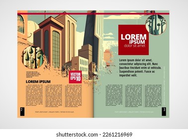 Business magazine, brochure layout with urban landscape. Vector illustration