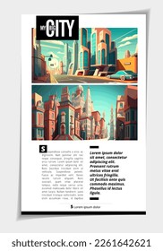 Business magazine, brochure layout with urban landscape. Vector illustration