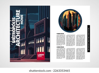 Business magazine, brochure layout with urban landscape. Vector illustration