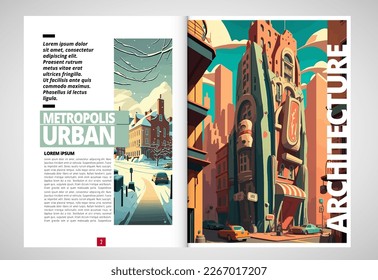 Business magazine, brochure layout with urban landscape. Vector illustration