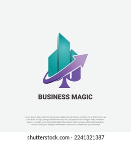 business magic logo, uptrend logo for finance or trading uptrend graph logo design vector, combining poker card spade logo as magic and graph bar