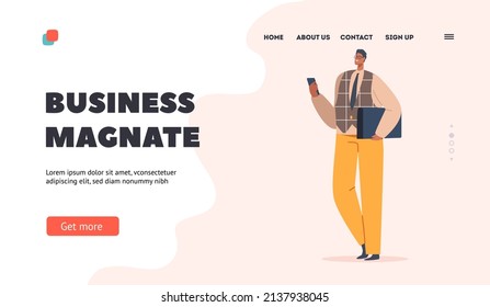 Business Magnate Landing Page Template. Indian Businessman Male Character Wear Brown Blazer and Yellow Pants Stand with Smartphone and Folder, Fashioned Man. Cartoon People Vector Illustration