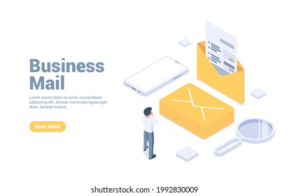Business mail. The concept of corporate communications, business correspondence, remote distribution of tasks. Vector illustration in isometric style. Isolated on white background.
