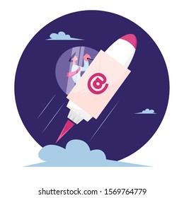 Business Mail, Correspondence Concept. Businessman Flying Forward to Space on Rocket Engine Sitting in Cockpit with Glass Dome and Email Sign on Board, Express Message. Flat Vector Illustration