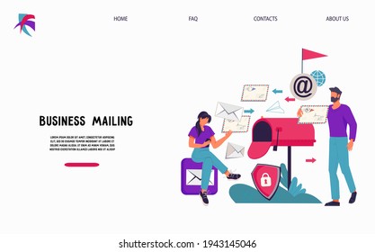 Business mailing and Email marketing website template with people next to huge mailbox, flat vector illustration. Landing page for Mail service and notification sending.