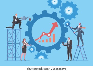 Mantenimiento del negocio, mejora de la productividad, administración de operaciones comerciales, resolución de problemas o concepto de trabajo en equipo. Un grupo de trabajadores de oficina mantiene el motor de engranajes mecánicos en la escena azul.