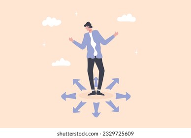 Business makes decision, choose career path. Man needed life decision choice. Guide to destination with arrows. Different strategies for hardship solutions.