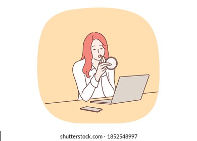 Business, makeup, dating concept. Businesswoman clerk manager cartoon character sitting in office workplace and applying cosmetic beauty lipstick. Preparation for date meeting vector illustration.