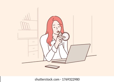 Business, makeup, work, preparation, dating concept. Young businesswoman clerk manager cartoon character sitting in office workplace and applying cosmetic lipstick. Preparing for meeting illustration.
