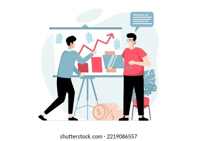Concepto de negocio con la escena de la gente en diseño plano. Hombres analizando los datos financieros, la estrategia de planificación y la empresa en desarrollo en la reunión. Ilustración de vector con situación de caracteres para web