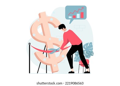Concepto de negocio con la escena de la gente en diseño plano. Empresario desarrolla con éxito la empresa, aumenta el rendimiento de ventas y los ingresos. Ilustración de vector con situación de caracteres para web