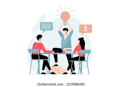 Concepto de negocio con la escena de la gente en diseño plano. Los colegas generan nuevas ideas y soluciones para la reunión de intercambio de ideas en la sala de conferencias. Ilustración de vector con situación de caracteres para web