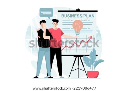Business making concept with people scene in flat design. Businessman showing presentation with new idea, statistics and business plan to partner. Vector illustration with character situation for web