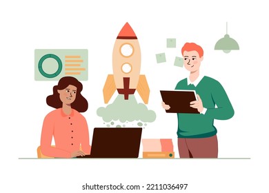 Business making green concept with people scene in the flat cartoon design. Manager and employee launch business ideas. Vector illustration.