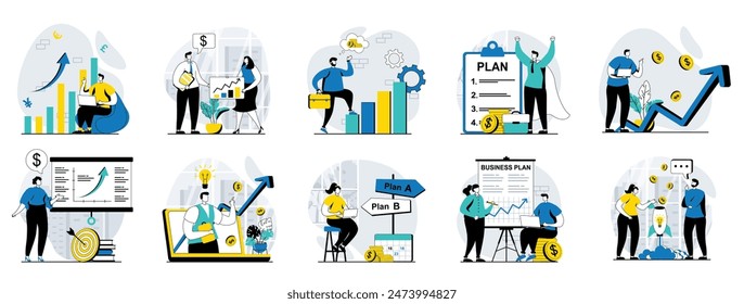 Concepto de Web de fabricación de negocios con escenas de personas mega conjunto en diseño plano. Paquete de situaciones de carácter con la investigación de marketing de datos, haciendo presentación de Planes, creación de estrategias. Ilustraciones vectoriales.