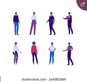 Business male african american ethnic people set. Vector flat person illustration. Group of corporate men in different cloth and poses. Design element for banner, poster, background, sketch, art.