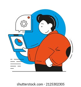 Geschäftsmännliche Analyse Diagramm Daten Entwicklung Strategie erfolgreich Gewinn Unternehmen Vektorflache Illustration. Marketing-Kampagne zur Optimierung der Personalverwaltung nutzen Tablette pc mit Diagramm