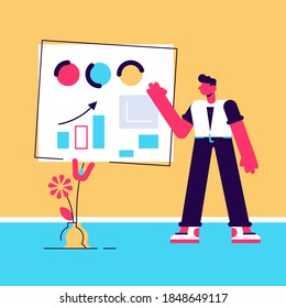 Business male character in suit talking near board with chart and diagram during presentation vector flat illustration. Man lecturer giving lecture. Guy presenting and explaining marketing data