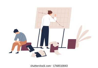 Business male drawing bankruptcy graph with declining diagram on board vector flat illustration. Upset men colleagues having finance problem at company isolated on white. Chart of profit drop