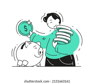 Business male dropping coins into slot of piggy bank deposit and savings concept vector flat illustration. Depositing money into banking account. Currency income finance management economy isolated