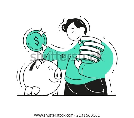 Business male dropping coins into slot of piggy bank deposit and savings concept vector flat illustration. Depositing money into banking account. Currency income finance management economy isolated