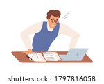 Business male feeling stress having problem at work vector flat illustration. Man office worker worried looking at screen of laptop isolated. Something went wrong. Nervous guy at workplace