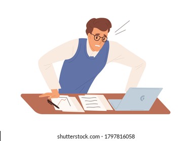 Business male feeling stress having problem at work vector flat illustration. Man office worker worried looking at screen of laptop isolated. Something went wrong. Nervous guy at workplace