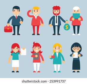 Business Male and Female Characters with Accessories Expressions Icons Set Flat Design Concept Vector Illustration