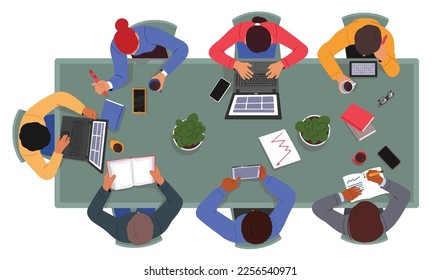 Business Male and Female Characters Sitting At Workplace In Office Top View Isolated On White Background. People Board Meeting, Conference or Teamwork Cooperation Process. Cartoon Vector Illustration