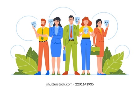 Business Male and Female Characters Stand in Row Hiding Faces Behind Social Masks With Fake Emotions. Bias Men and Women Disguise Real Emotions and Feelings at Work. Cartoon People Vector Illustration