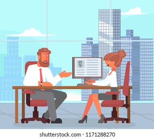 Business male and female characters in the working environment. Vector illustration eps 10
