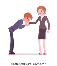 Business male and female hand kiss gesture. Showing dedication and love. Office protocol concept. Vector flat style cartoon illustration, isolated, white background