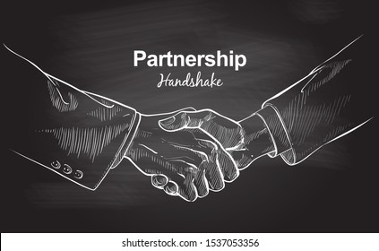 Business male and female handshake. Gesture, sign of contract agreement. Businessman and woman two hands shaking each other. Vector sketch chalk drawing on the blackboard, isolated illustration.