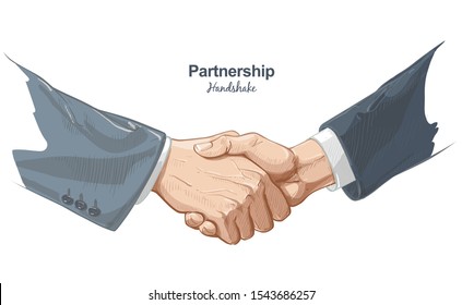 Business male and female handshake. Gesture, sign of contract agreement. Businessman and woman two hands shaking each other. Realistic vector sketch, color illustration on white background.