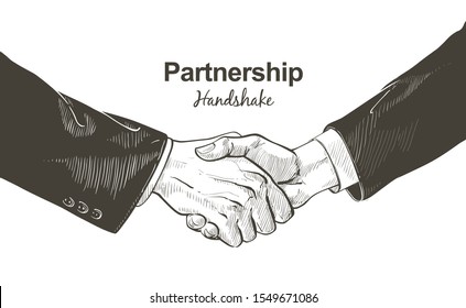 Business male and female handshake. Gesture, sign of contract agreement. Businessman and woman two hands shaking each other. Isolated vector sketch, line illustration on white background.