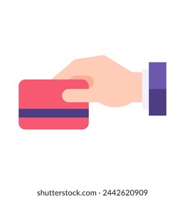 Business male hand suit holding plastic credit card for contactless payment online transaction vector flat illustration. Man boss arm with e money financial storage equipment for shopping buying goods