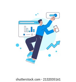 Business male marketologist development successful profit increase strategy with diagram chart vector flat illustration. Man manager turn on management online campaign product digital promo isolated