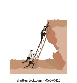 business male people trying to climb stairs to the top of rock landscape in white background vector illustration