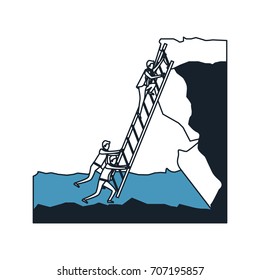 business male people trying to climb stairs to the top of rock landscape in color blue sections silhouette vector illustration