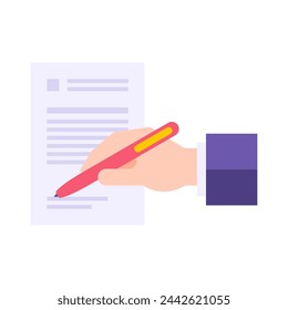 Business male suit hands writing paper document partnership agreement use pen vector flat illustration. Boss entrepreneur signing legal contract making deal collaboration formal handwrite isolated