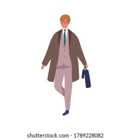 Business male in trendy suit carrying briefcase and umbrella vector flat illustration. Businessman in coat walking or hurry isolated on white. Man in stylish outfit with suitcase going outdoor