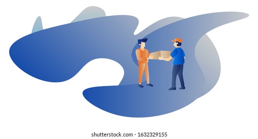 Business man accepting a delivery of boxes from deliveryman. Vector illustration