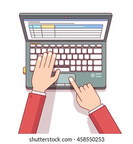 Business man or accountant hands using laptop computer to calculate something with spreadsheet tables app. Modern flat style thin line top view vector illustration isolated on white background.