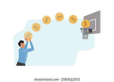 Business man achieving financial goal, throwing coins into basketball hoop, showing professionalism. Office clerk who wants to achieve career success and increase income, strive for financial goal