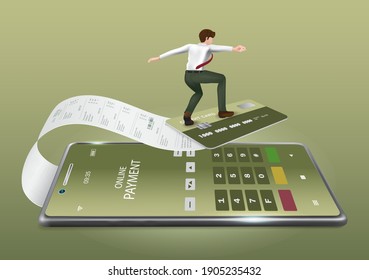 Business man act like surfing He stepped on credit cards and receipts that were pouring out of the card reader,Payment template through the application,The receipt  came out after inserting ATM card