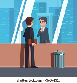 Business man adjusting tie standing looking at his reflection in large downtown street skyscraper window. Corporate career. Flat style isolated vector illustration.